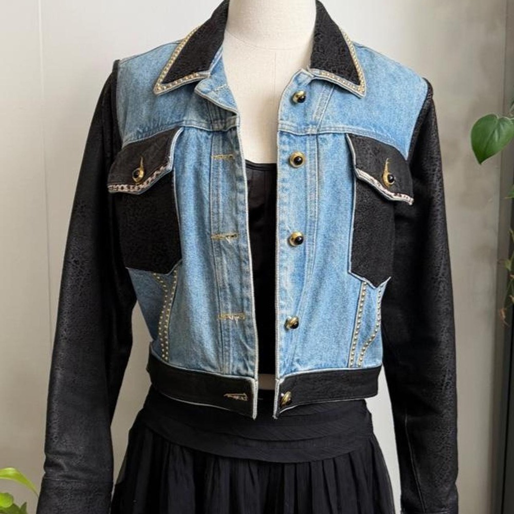 St Maarten Dallas Vintage 90s Denim Leather Western Studded Jacket Blue Black ML